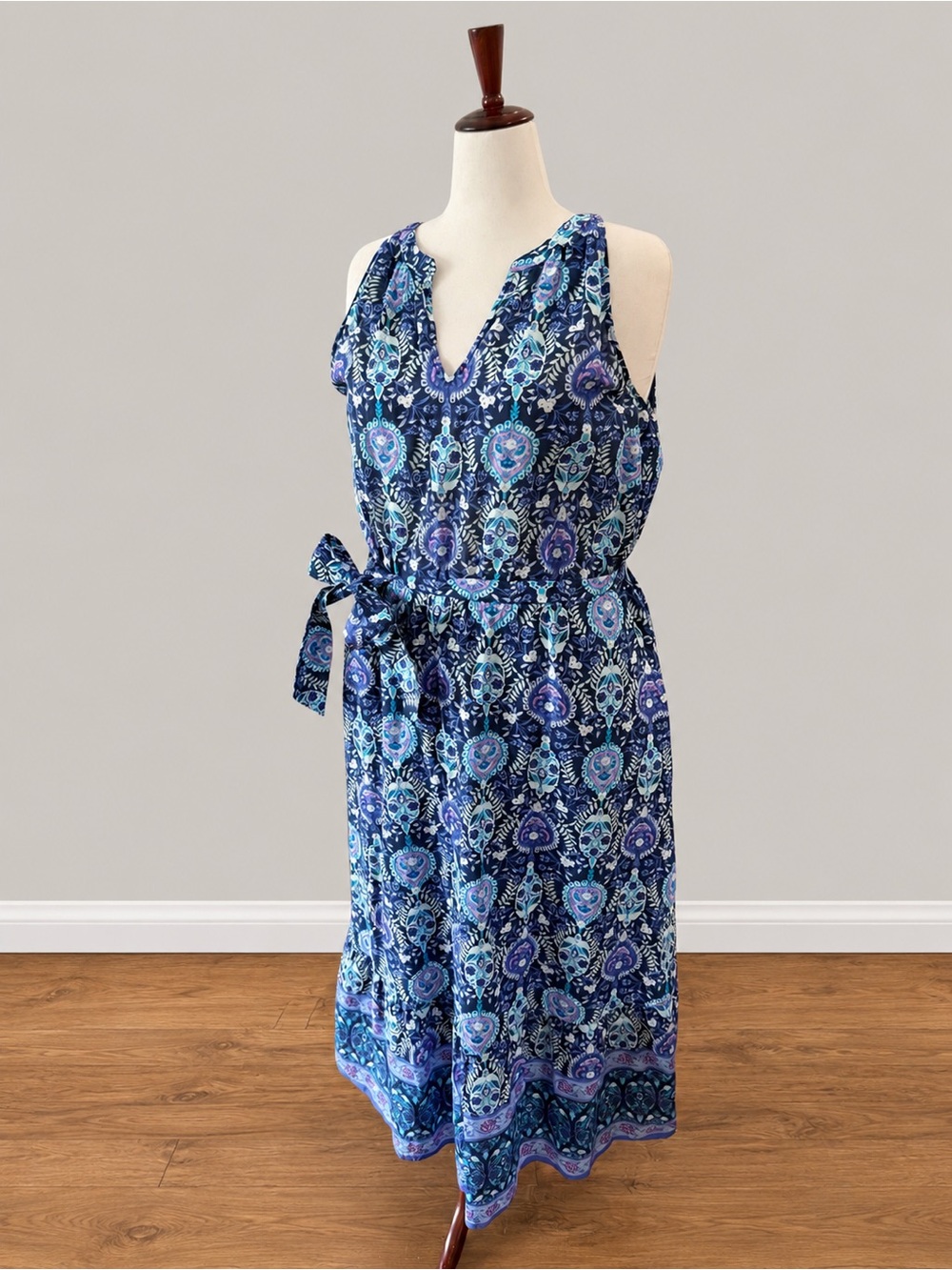 Talbots Size 16 Blue Paisley 100% Cotton Sleeveless Tie Waist Dress